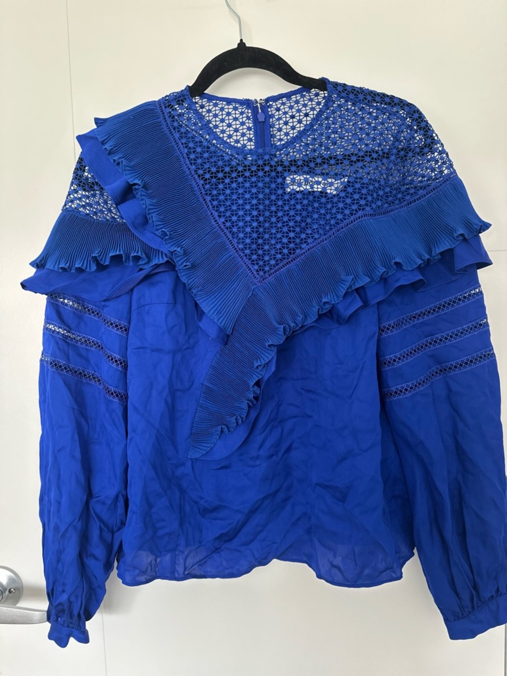 Self-Portrait Cobalt Blue Ruffle Lace Blouse Top Size Medium Statement Designer